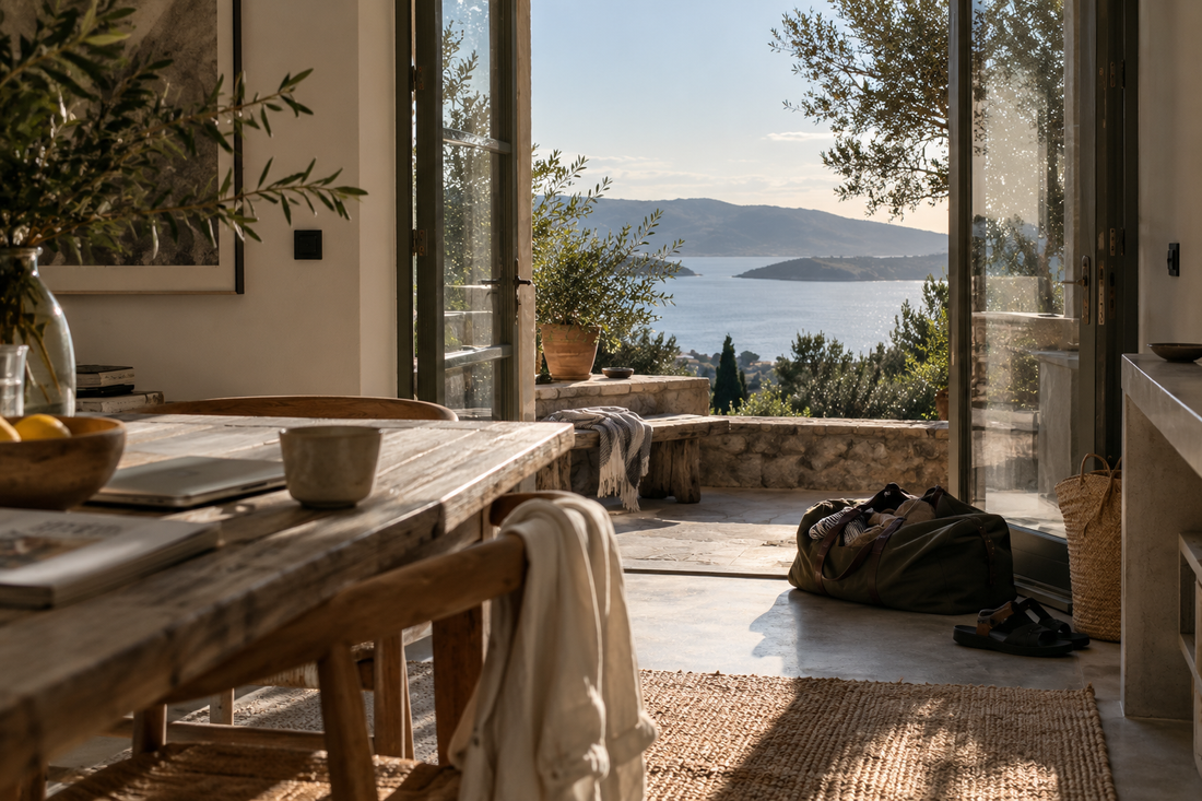 huis met prachtig uitzicht, tas op de grond en openslaande deuren