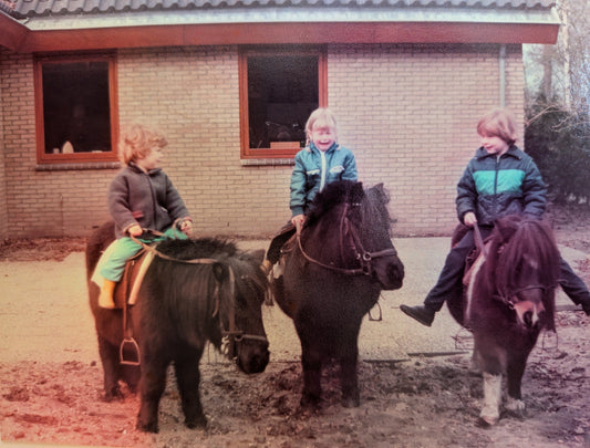 kinderen op een pony bij een woning in aanbouw
